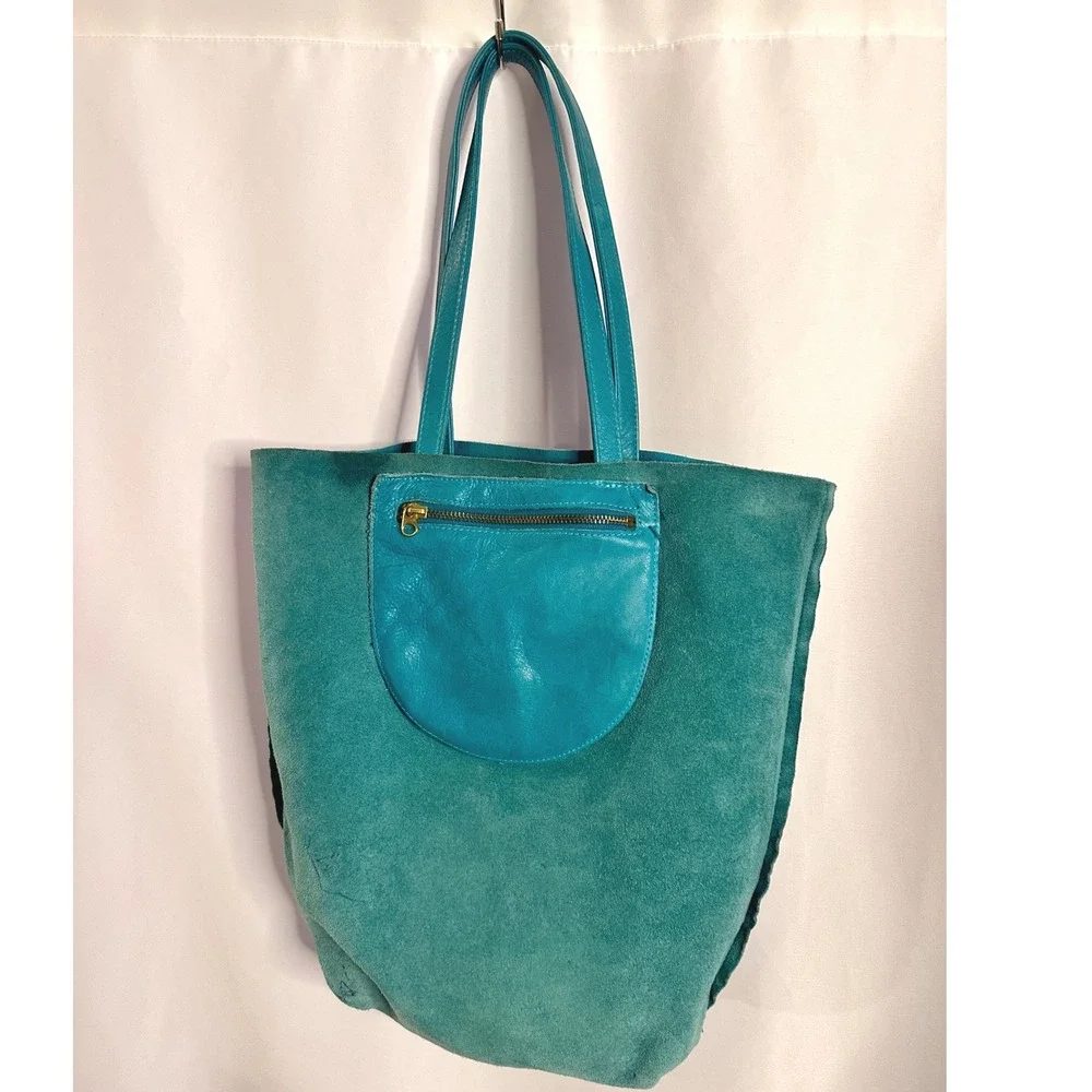 BAGGU Vintage Leather Tote Bag Rare Turquoise Blue